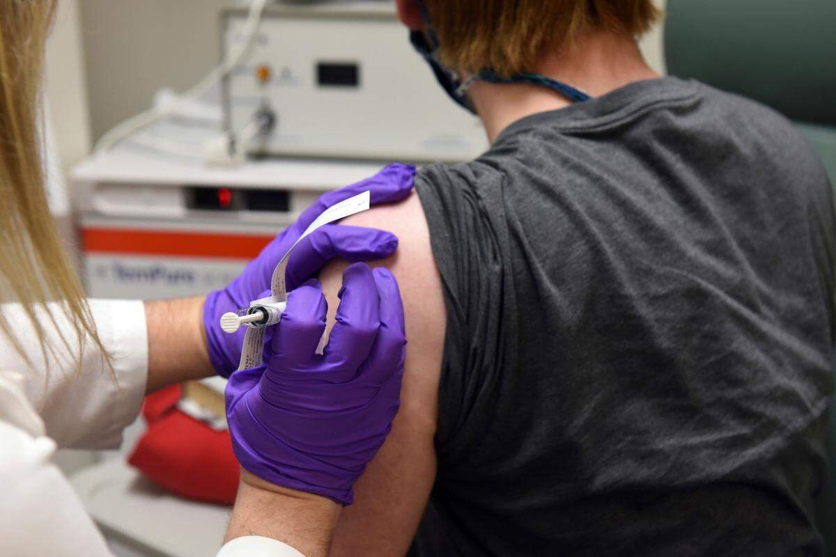 This May 4, 2020, file photo provided by the University of Maryland School of Medicine, shows the first patient enrolled in Pfizer’s COVID-19 coronavirus vaccine clinical trial at the University of Maryland School of Medicine in Baltimore. Pfizer announced Wednesday, Nov. 18, 2020, more results in its ongoing coronavirus vaccine study that suggest the shots are 95% effective a month after the first dose.