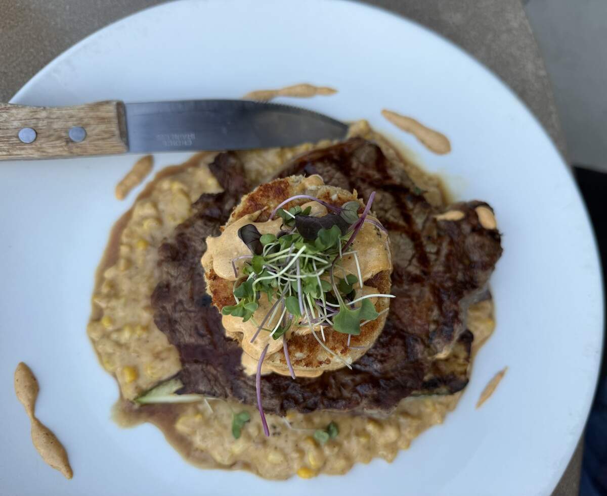 North Harbor Club’s Beef & Reef comes with Grilled beef rib-eye, your choice of crab cake (shown) or shrimp scampi, and grilled zucchini and creamed corn.