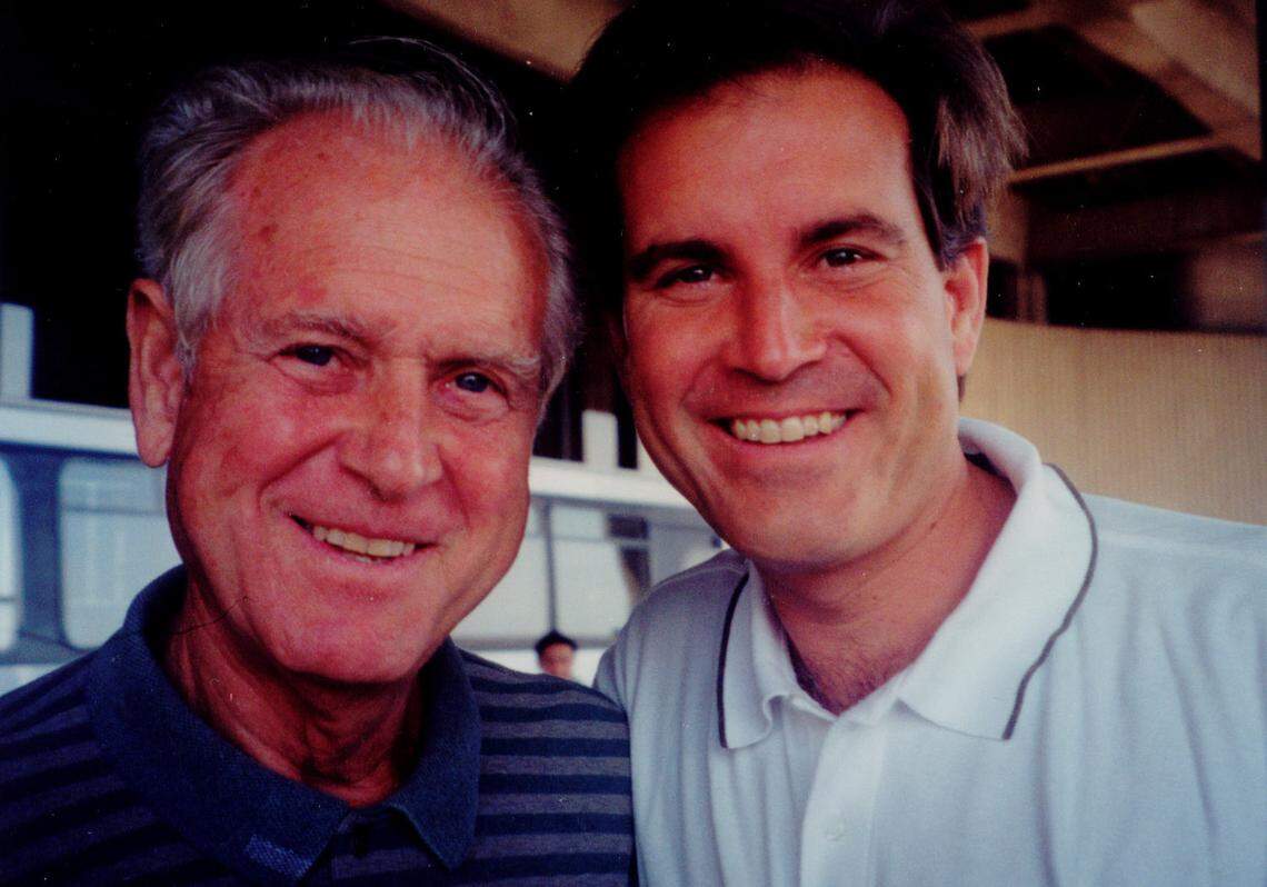 Sports broadcaster Jim Nantz III (right) and his father, Jim Nantz Jr. The phrase “Hello, friends” was inspired by Nantz’s attempts to communicate over the air with his father, who was suffering from Alzheimer’s disease. The elder Nantz grew up in Mount Holly, N.C., and once played semipro football for the Charlotte Clippers.