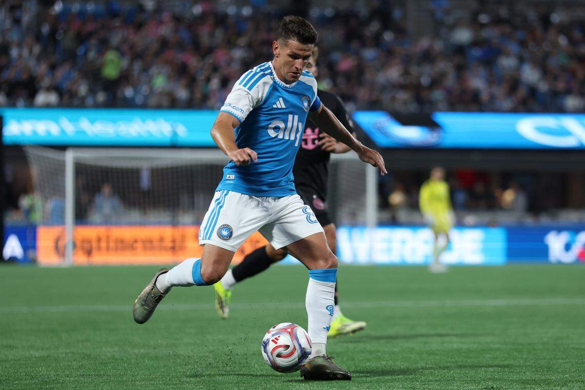 Charlotte FC’s Ashley Westwood controls the ball during Saturday’s match between Charlotte FC and Inter Miami CF at Bank of America Stadium in Charlotte. 