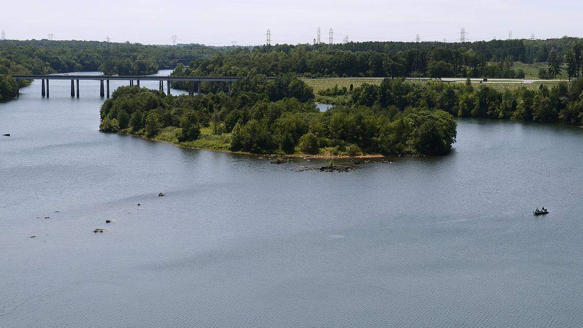 The upper reaches of Mountain Island Lake form the border between Mecklenburg and Lincoln counties as it goes beneath Hwy 73 bridge near the Cowans Ford Dam.