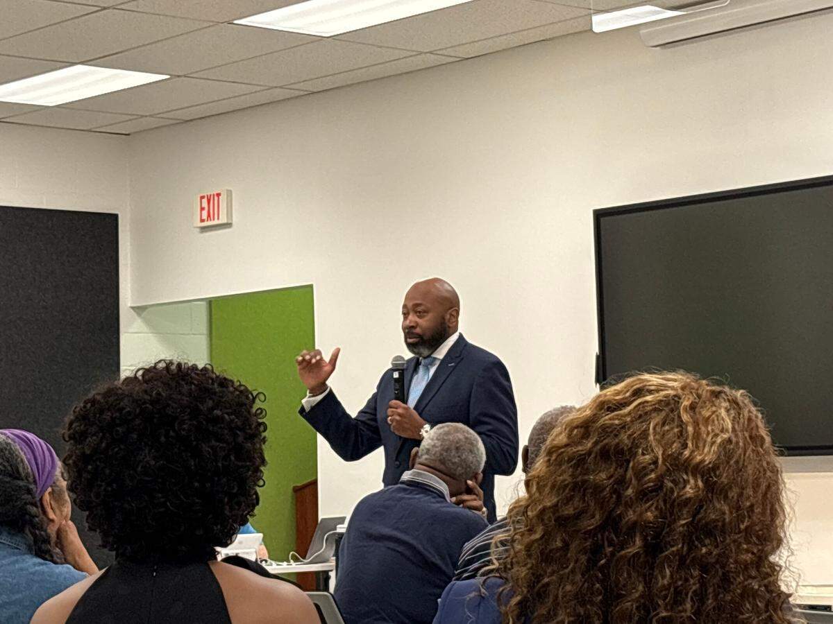 Mecklenburg County Manager Mike Bryant speaks at the Sarah Stevenson Tuesday Forum on July 8, 2025.