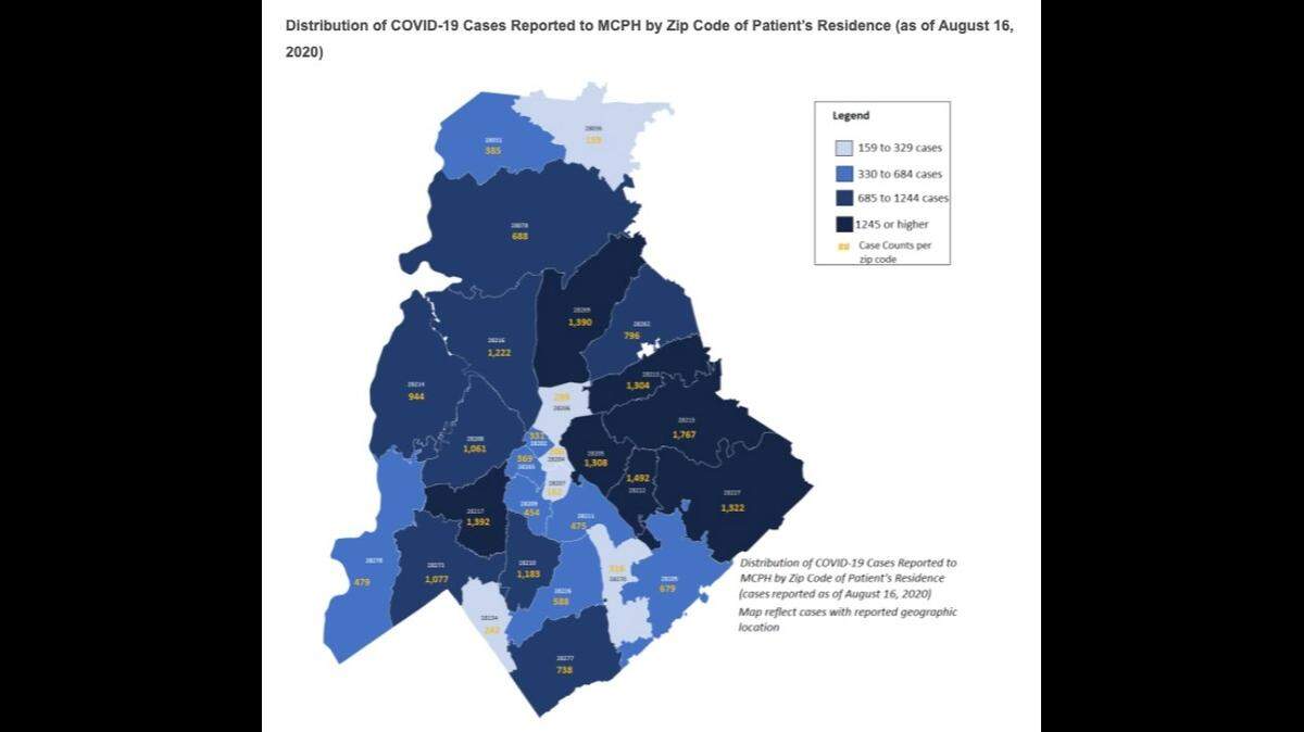Distribution of COVID-19 cases reported to Mecklenburg County Public Health by zip code as of August 16, 2020.