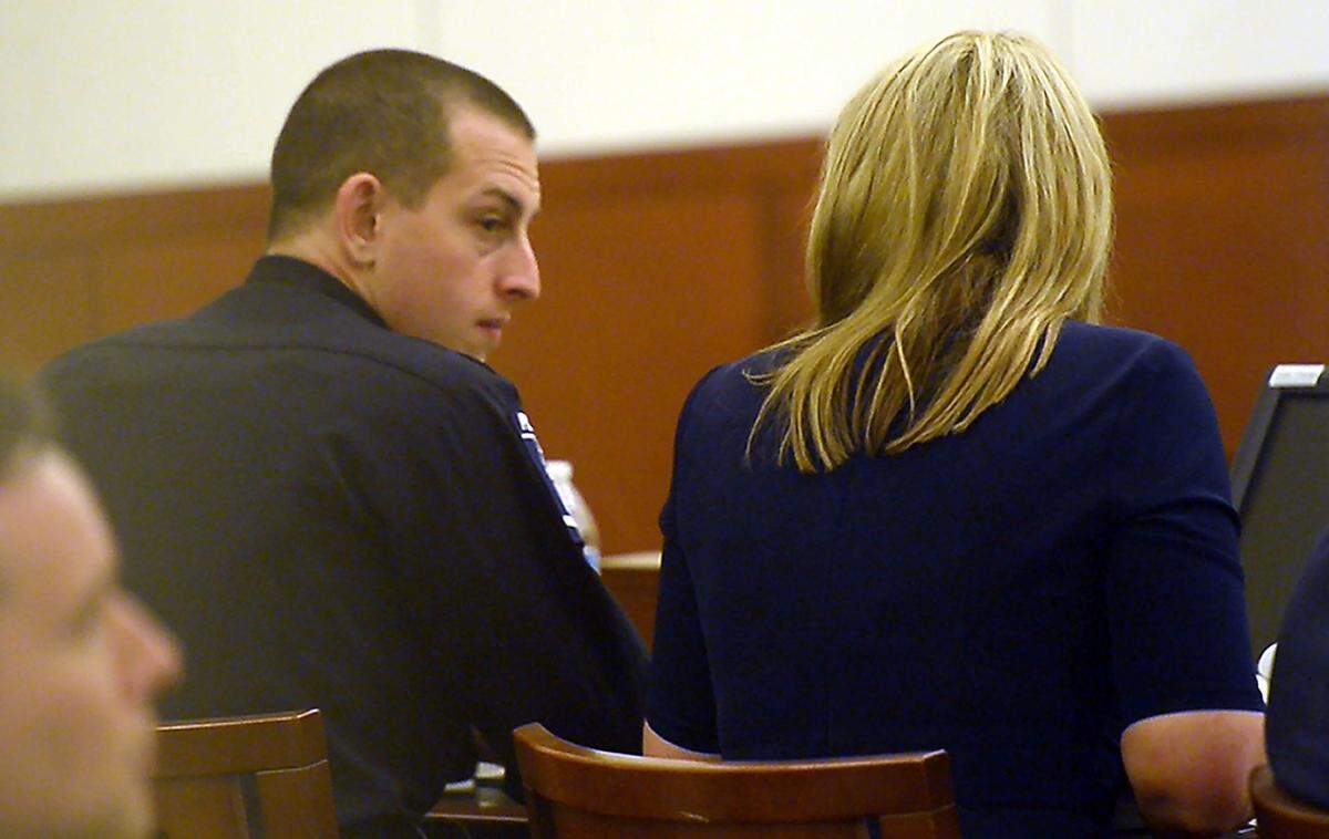 CMPD Officer Jeremy Donaldson listens during opening arguments in the lawsuit against him and Charlotte-Mecklenburg police for the shooting death of Spencer Mims III. On Monday, the jury began deliberating whether any negligence on Donaldson's part contributed to Mims' death.