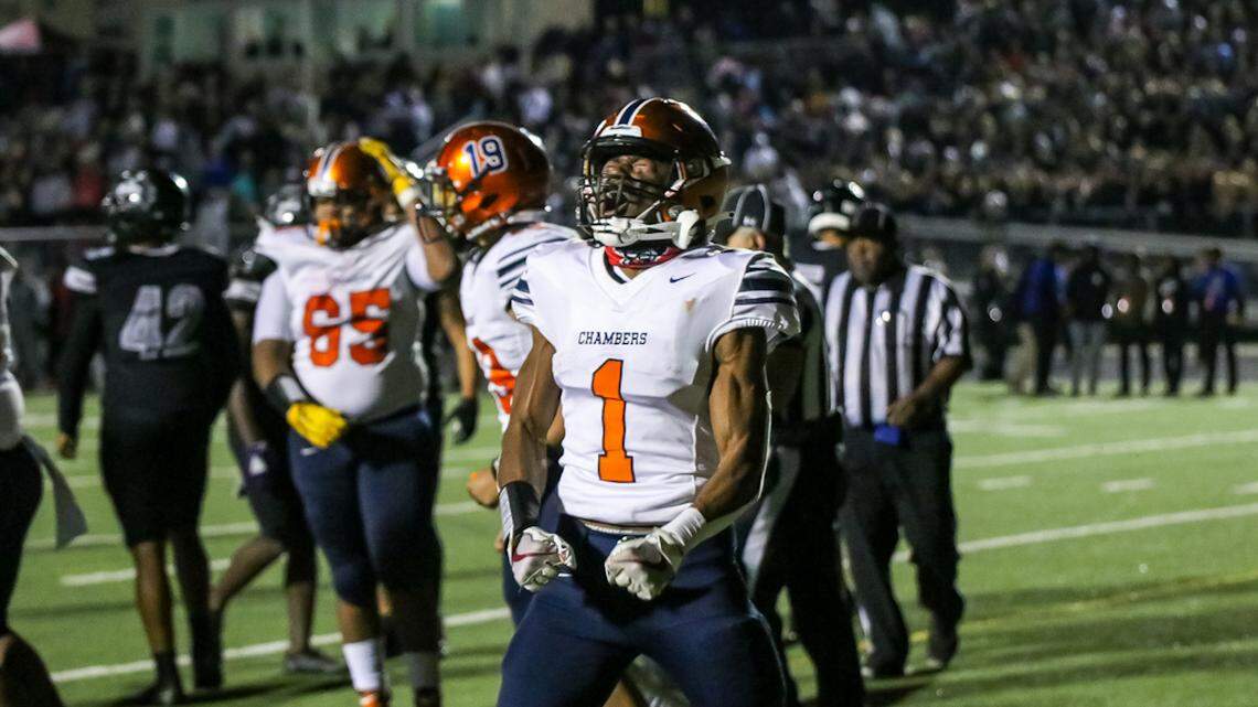 Chambers receiver Kevin Concepcion celebrates his team’s 35-21 come-from-behind win over Hough in the NC 4A semifinals
