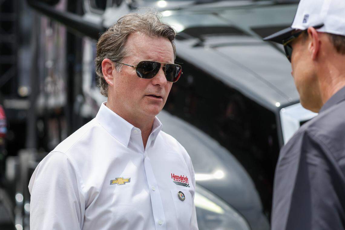 May 14, 2023; Darlington, South Carolina, USA; Jeff Gordon pre-race at Darlington Raceway.