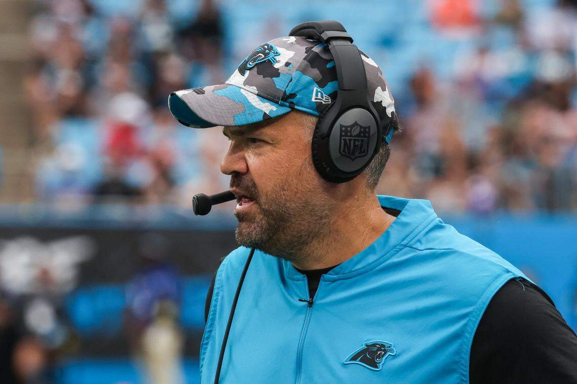 Panthers head coach Matt Rhule on the sidelines during the game against the Saints at Bank of America Stadium on Sunday, September 25, 2022 in Charlotte, NC.