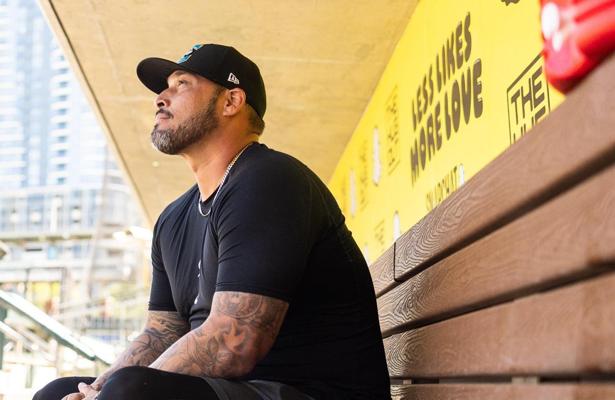 The new Charlotte Knights manager Sergio Santos poses for a portrait at Truist Field in Charlotte, N.C., on Wednesday, April 16, 2025.