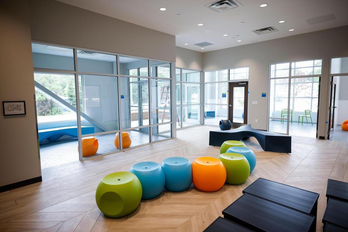 The cat adoption area in the new Humane Society of Charlotte building in Charlotte, N.C., Thursday, May 12, 2022. The new 27,000 square foot facility located on Parker Drive will provide spaces such as a cafe and a new medical facility when it opens later this month.