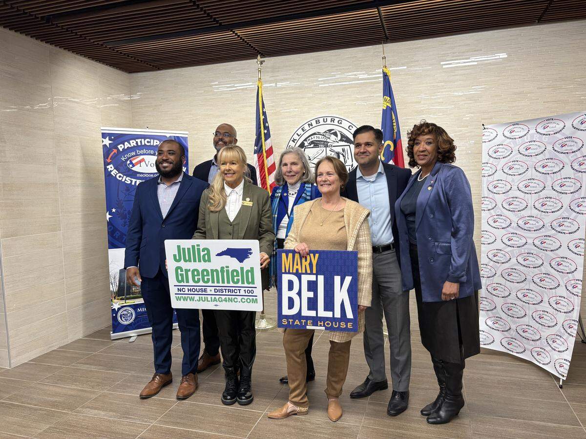 Many Democratic members of Mecklenburg County’s state legislative delegation pose together at the Mecklenburg County Board of Elections on Monday, Dec. 1, 2025 after filing to run for reelection in 2026.