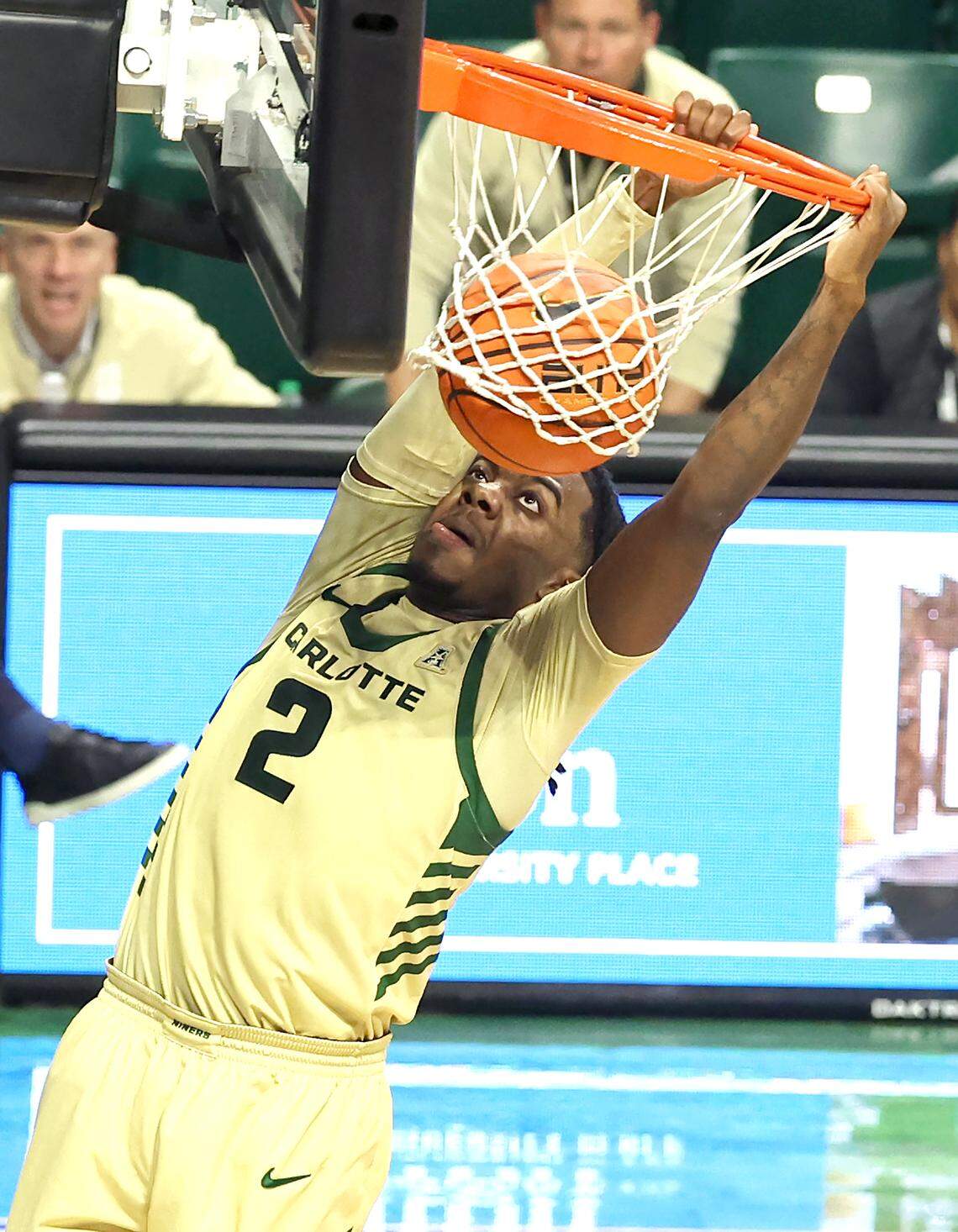 Charlotte 49ers guard Dezayne Mingo throws down a two-handed slam during action against Indiana State on Monday at Halton Arena. Charlotte defeated Indiana State 92-76.