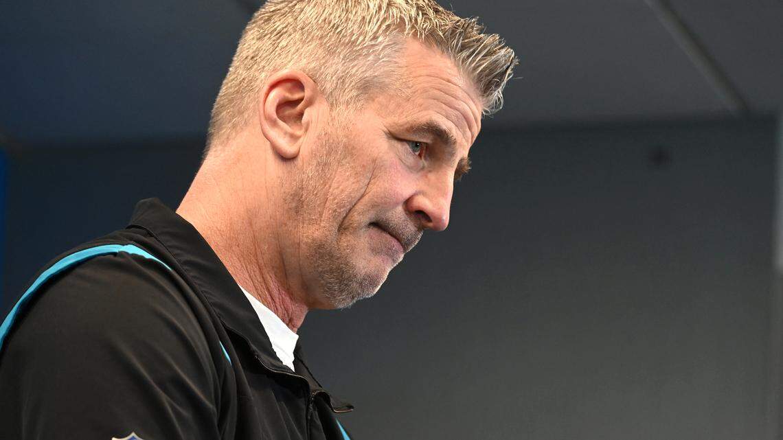 Carolina Panthers head coach Frank Reich listens to a reporter’s question during a press conference at Bank of America Stadium in Charlotte, NC on Monday, March 20, 2023.
