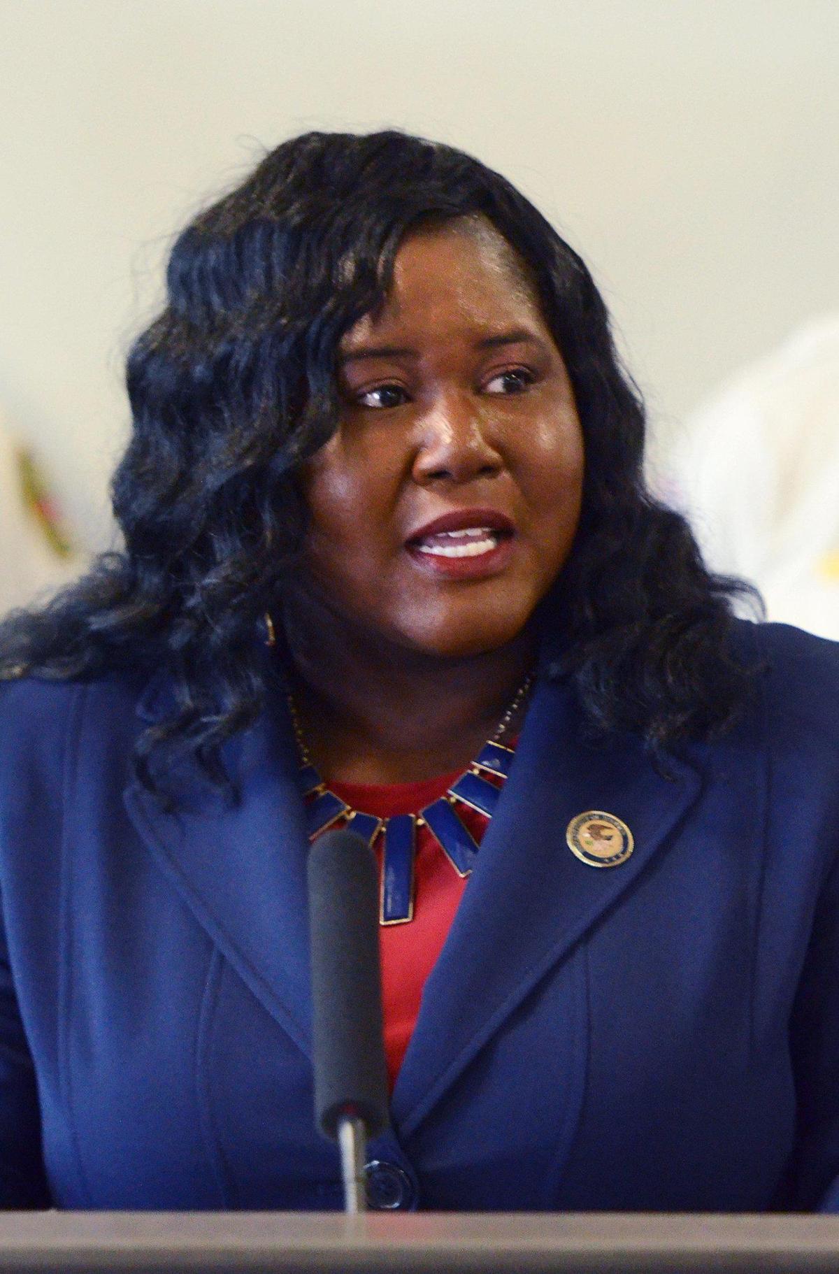 Dena King at a press briefing in August 2023.