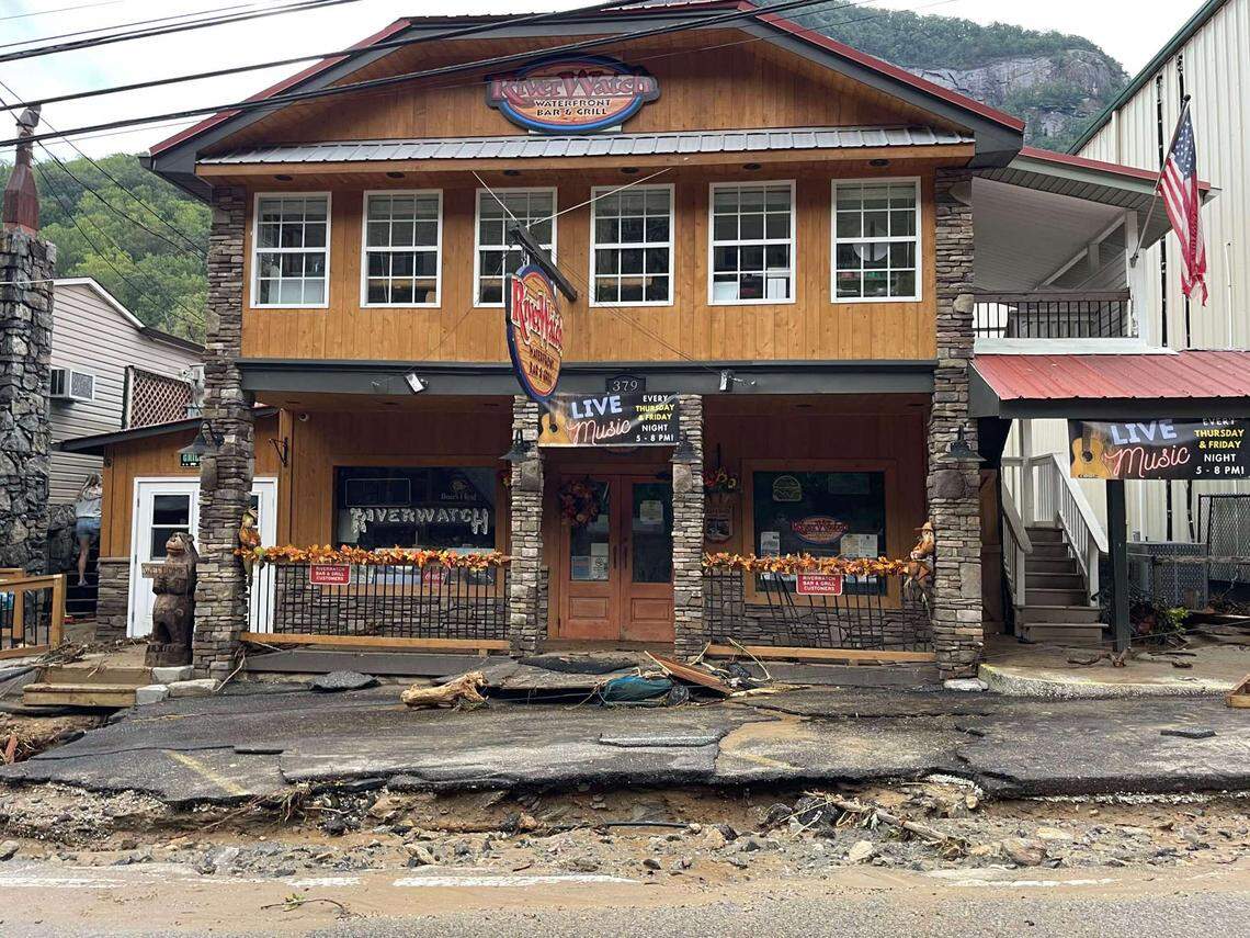 Damage shown at RiverWatch Grill after Hurricane Helene.