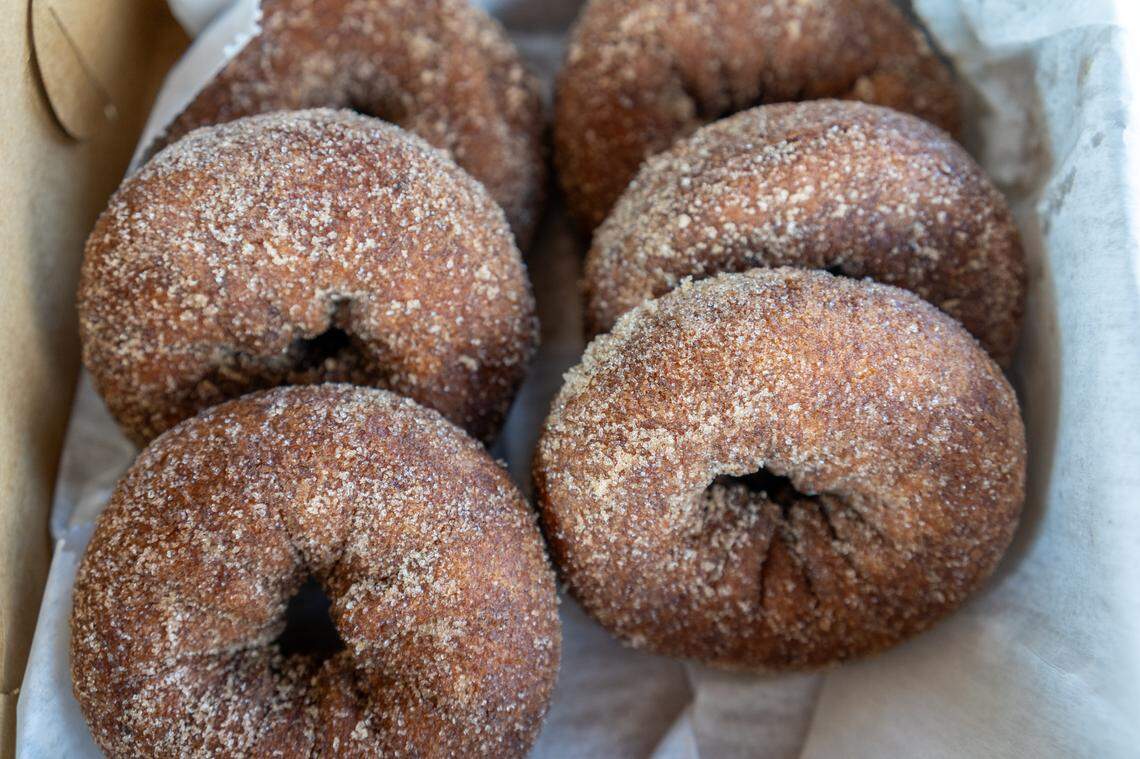 A close-up image of apple cider donuts.