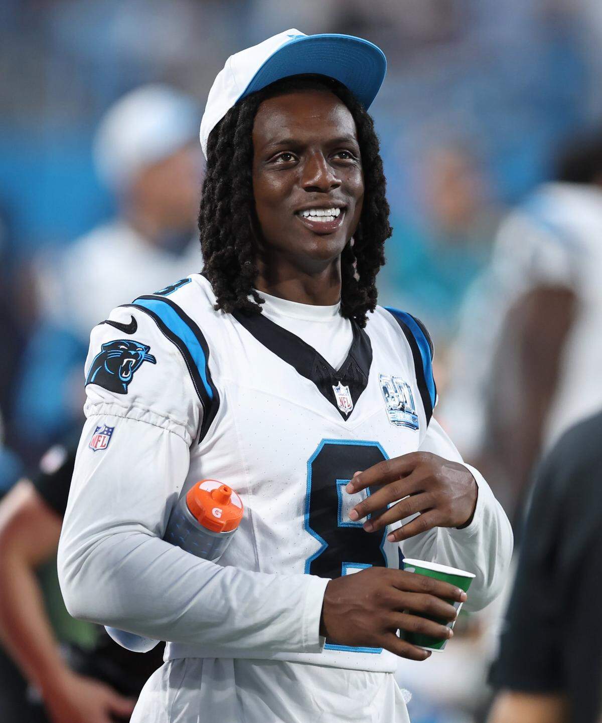 Carolina Panthers cornerback Jaycee Horn watches the action from along the team’s sideline Saturday night. Once again, the Panthers sat all their starters for the entire preseason game against the New York Jets.