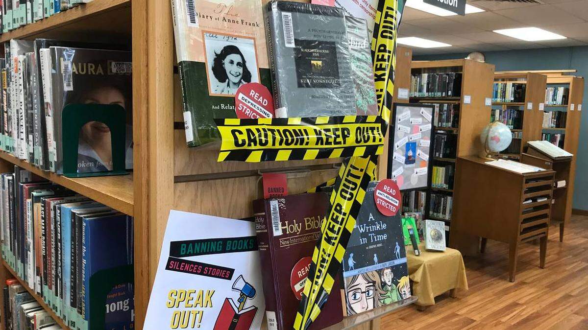 The display was designed to educate patrons about the American Library Association’s annual Banned Books Week.