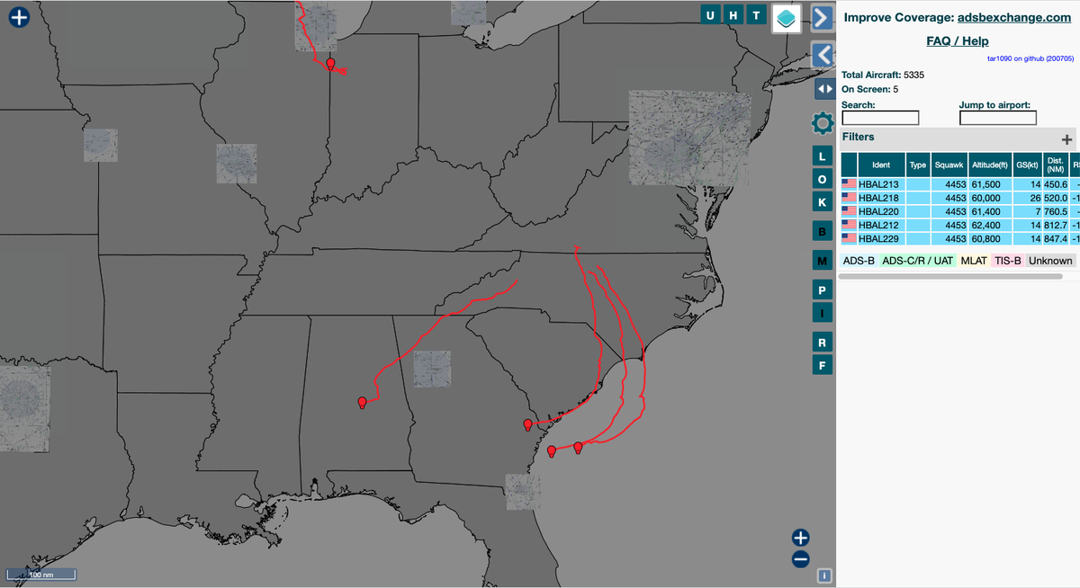 Flight-tracking software shows four Loon balloons flying over the Southeast on Tuesday, July 7, 2020.