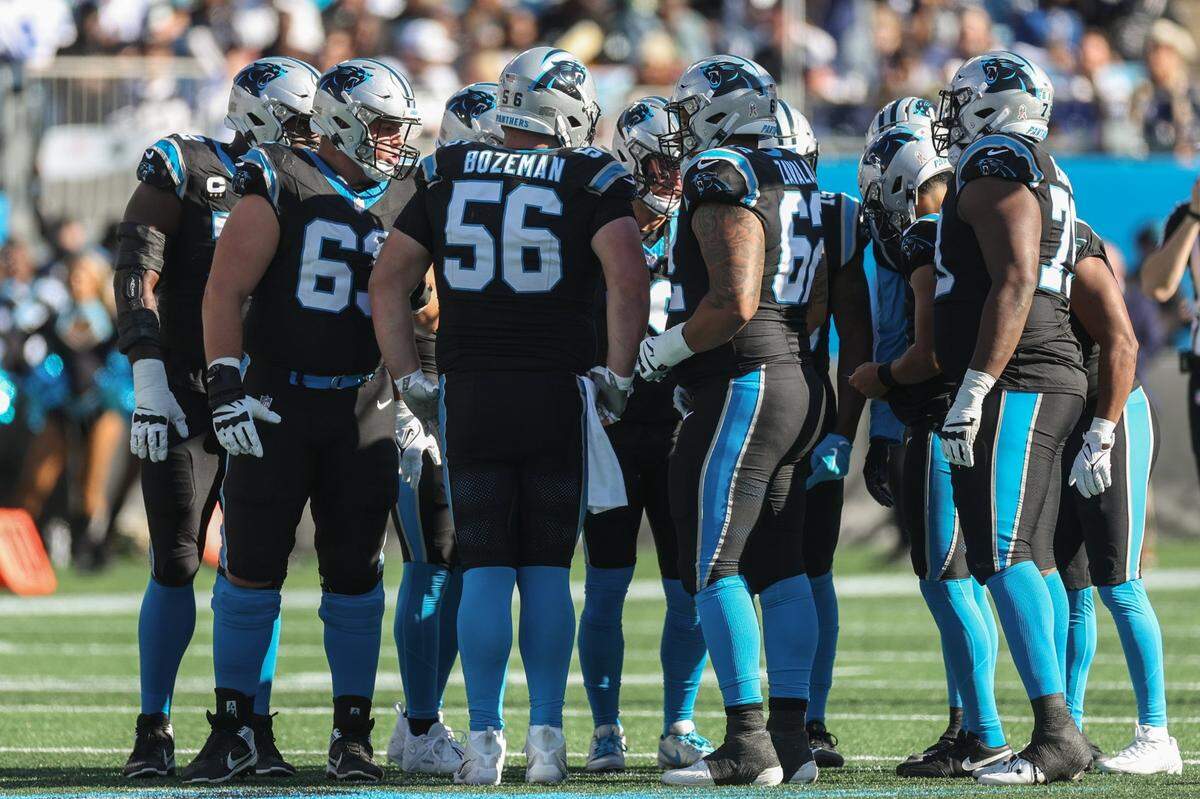 Panthers offensive line in the huddle during the game against the Cowboys at Bank of America Stadium on Sunday, November 19, 2023 in Charlote, NC.