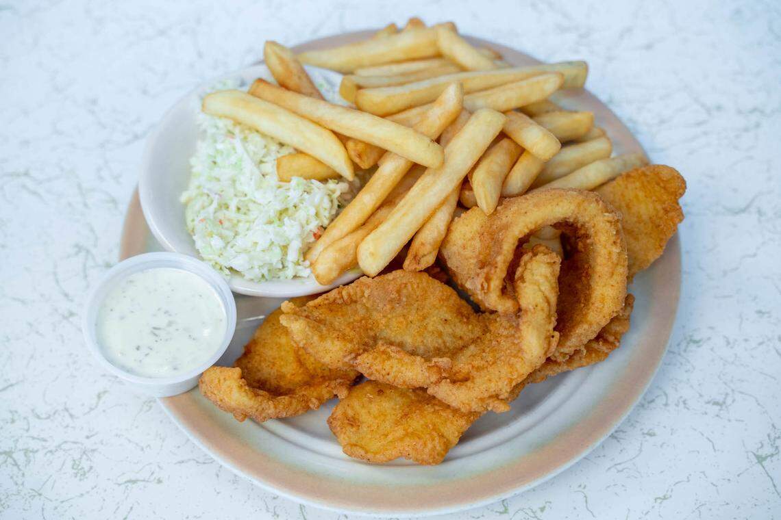Flounder plate with French fries and coleslaw at Tatsis Restaurant.