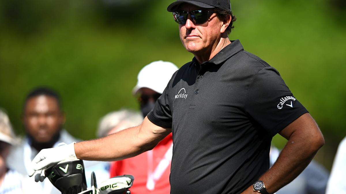 Phil Mickelson waits to tee off during the 2021 Wells Fargo Championship at Quail Hollow Club in Charlotte. Mickelson and 14 other golfers have been suspended by the PGA because of their participation in the Saudi Golf League/LIV golf tour.
