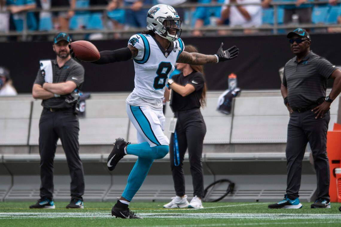 Panthers cornerback Jaycee Horn holds out his arms as he runs toward the end zone to celebrate intercepting a pass during the game against the Saints at Bank of America Stadium on Sunday, September 19, 2021 in Charlotte, NC. The Panthers defeated the Saints 26-7.