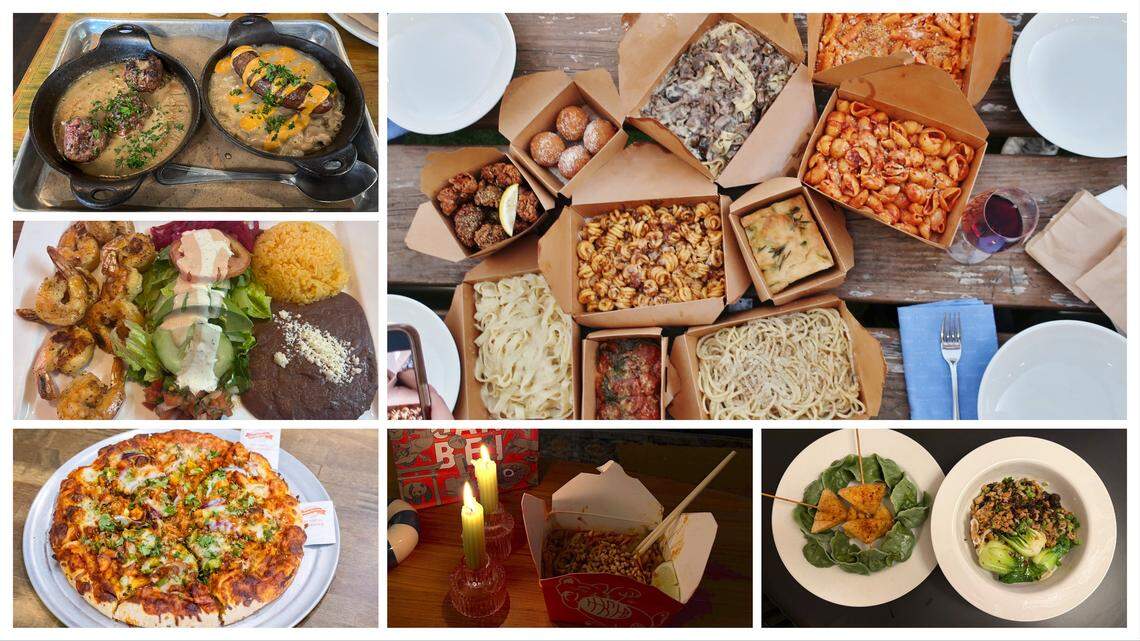 This photo collage displays six distinct images of food: The top left section shows two cast-iron skillets, one holding two large meatballs and the other containing a sausage link over white beans, both in sauce and garnished with herbs; the top right image is an overhead view of a wooden picnic table with multiple brown takeout boxes filled with various Italian dishes including different types of pasta, focaccia, and meatballs; the middle left photo features a white plate with grilled shrimp, yellow rice, refried beans topped with cheese, and a salad with avocado and dressing; the bottom left section is a whole pizza topped with vegetables, cheese, and cilantro on a metal tray; the bottom middle image shows a dimly lit still-life setting with a takeout box of noodles, two lit candles, and a large red “GAN BEI” paper bag; and the bottom right section displays two white plates of Asian cuisine, one with green dumplings and fried triangles on skewers, and the other with noodles, meat, and cooked bok choy.
