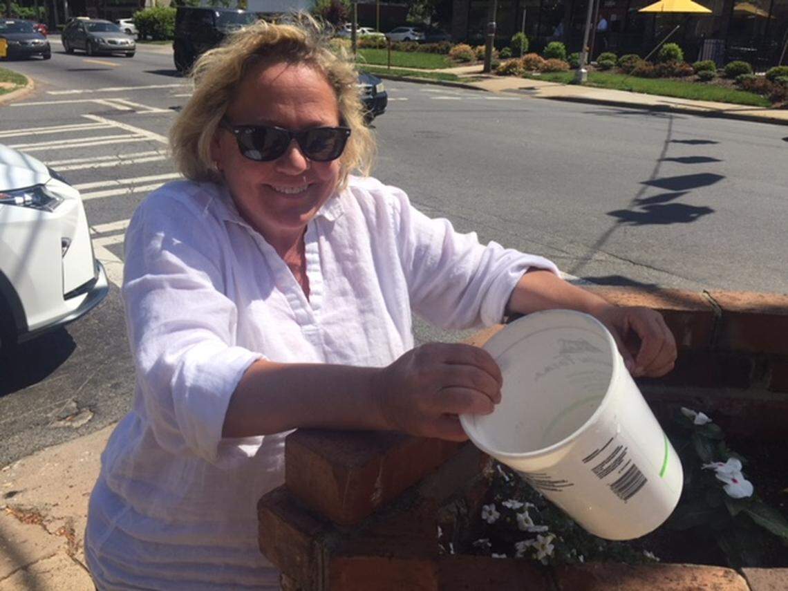 Kim Shaw of Small City Farms stops by to water the plants she's already put in to The Stanley's brick pillars at 7th and Caswell.  Shaw, an accomplished seamtress and farmer, also handmade the aprons for The Stanley servers.