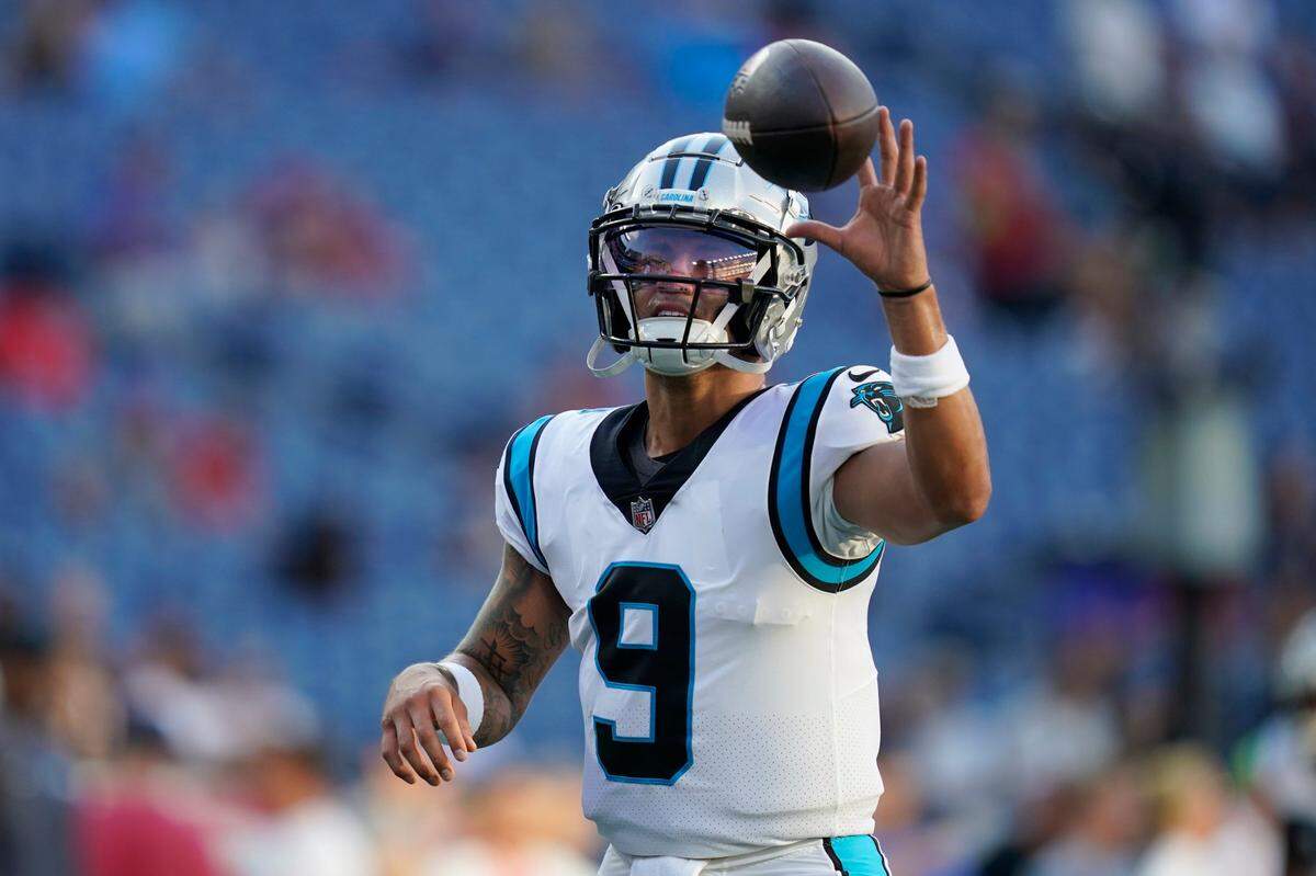Carolina Panthers quarterback Matt Corral (9) prior to a preseason NFL football game against the New England Patriots, Friday, Aug. 19, 2022, in Foxborough, Mass. (AP Photo/Charles Krupa)