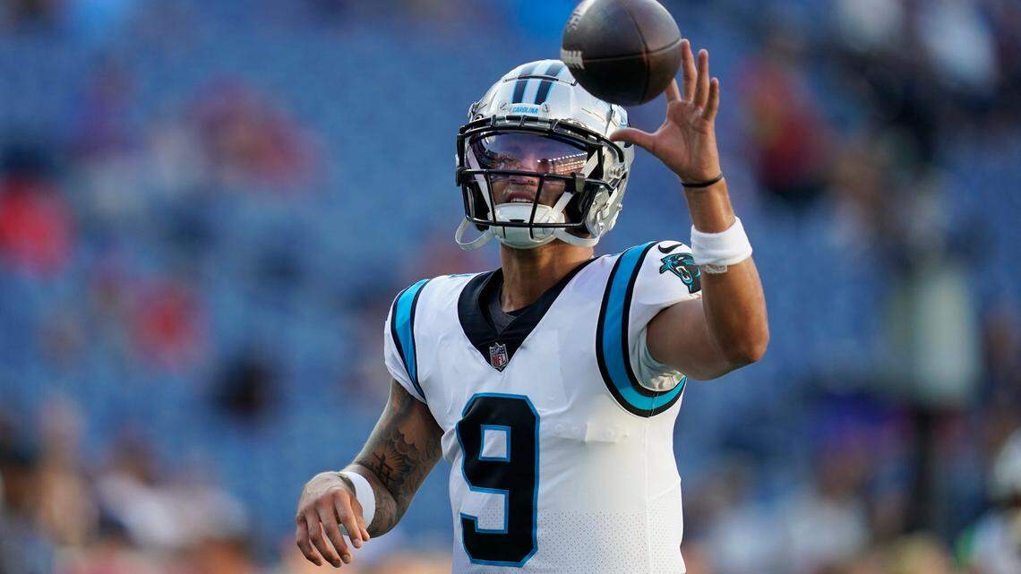 Carolina Panthers quarterback Matt Corral (9) prior to a preseason NFL football game against the New England Patriots, Friday, Aug. 19, 2022, in Foxborough, Mass. (AP Photo/Charles Krupa)