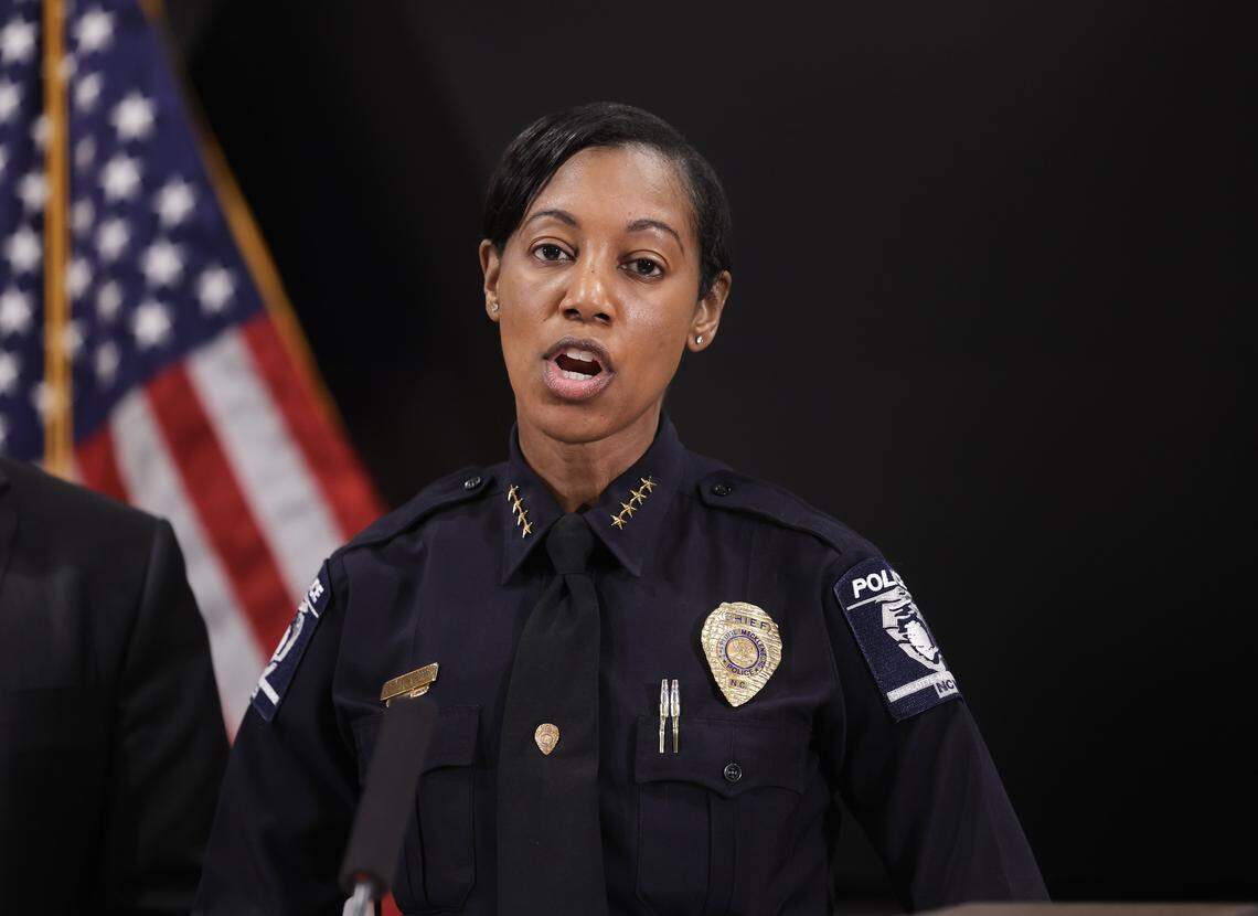 Estella Patterson, chief of police of Charlotte-Mecklenburg speaks at a press conference Monday, March 23, 2026 at police headquarters.