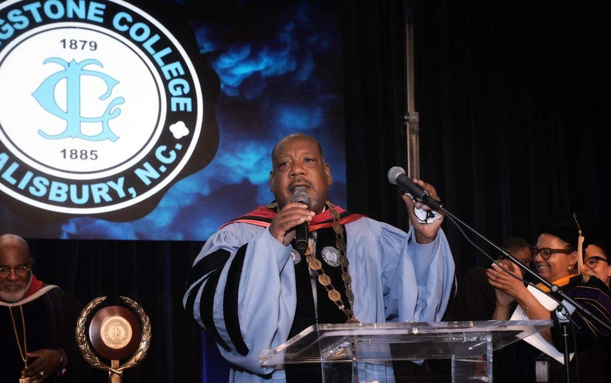 Anthony J. Davis delivers remarks at Livingstone College’s commencement ceremony earlier this month.