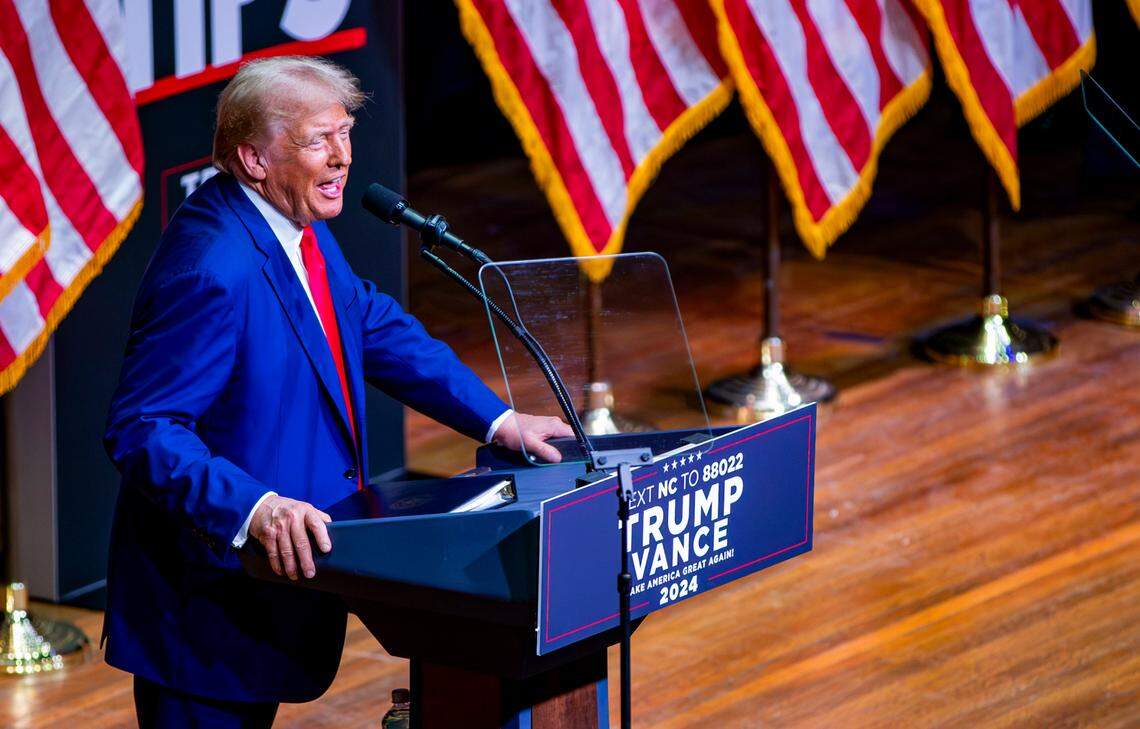 Former President Donald Trump takes the stage at the Thomas Wolfe Auditorium Wednesday afternoon in Asheville, N.C.