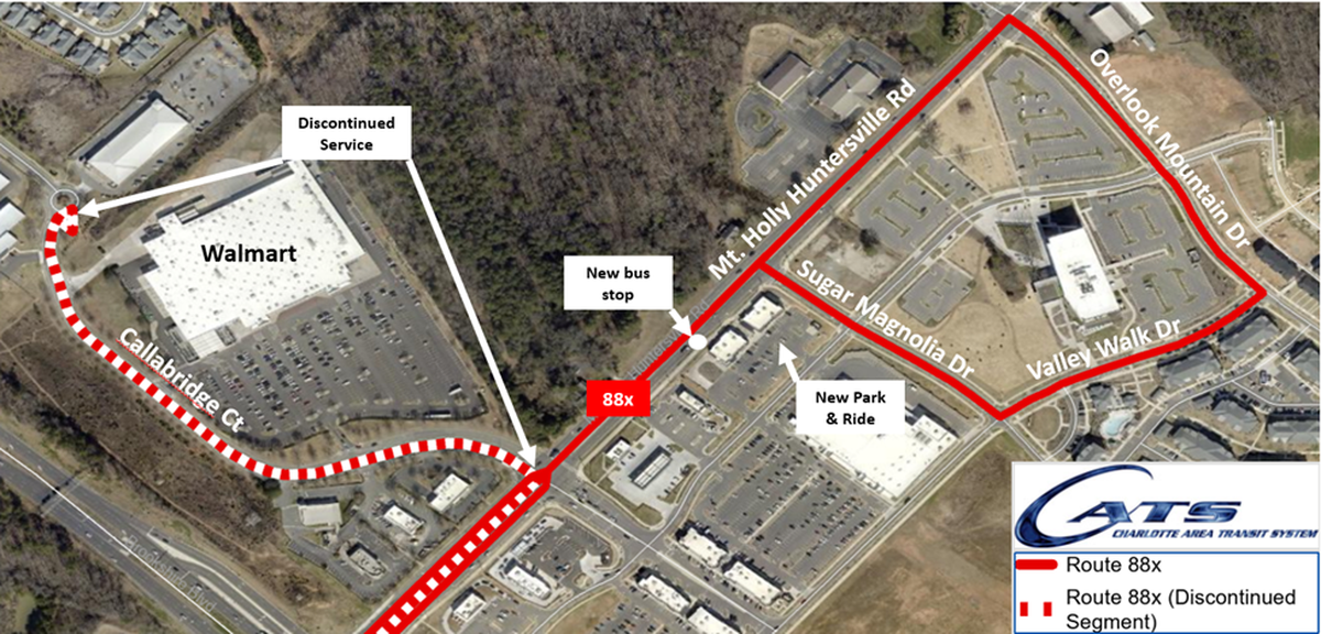 A map of a discontinued segment of route 88x on Mt. Holly Huntersville Road near Walmart.