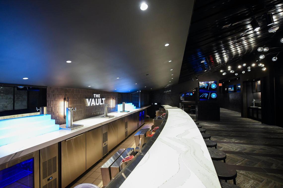 The Vault is a premium club located along the north sideline near the team’s entrance tunnel at Bank of America Stadium in Charlotte, N.C. Monday, Feb. 7, 2022. The Vault features will give guests more intimate hospitality and a close view of players entering and leaving the field. It will also be available at future Panthers games.