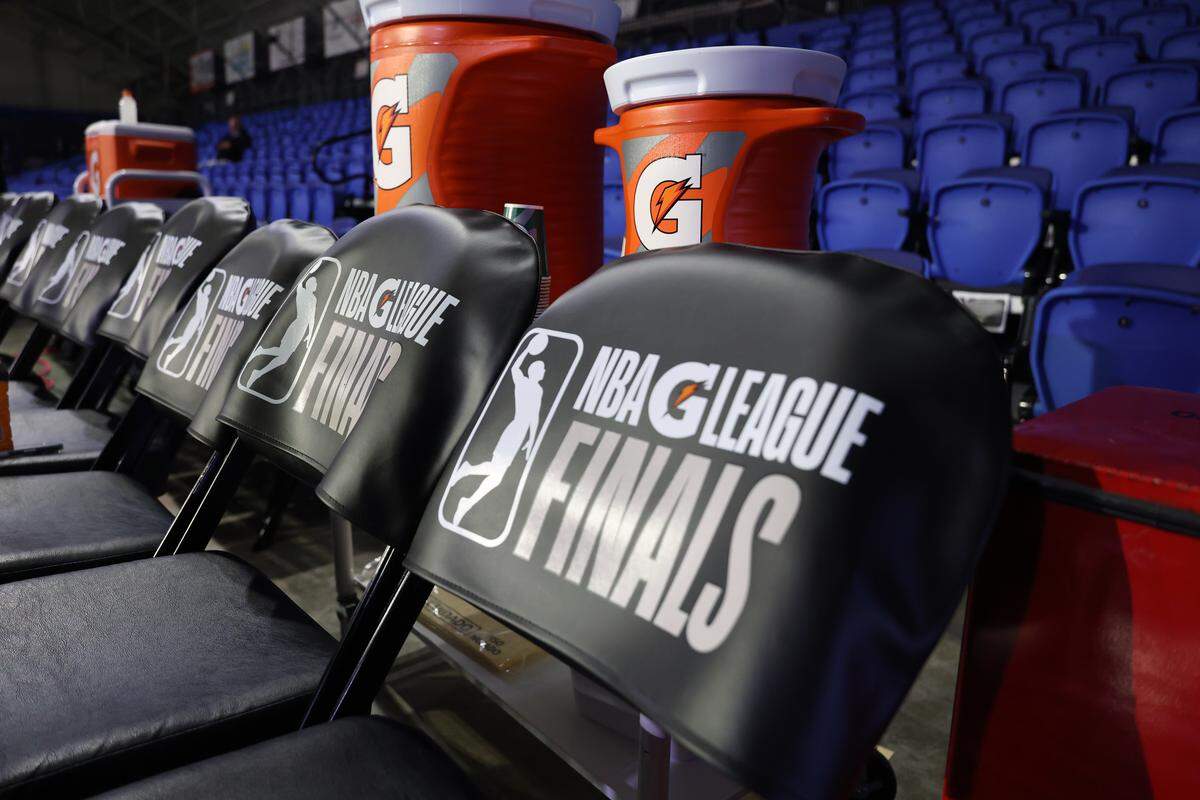 G League Finals signs await fans before Wednesday’s game between the Stockton Kings and the Greensboro Swarm on April 8, 2026, at the Novant Health Fieldhouse in Greensboro.