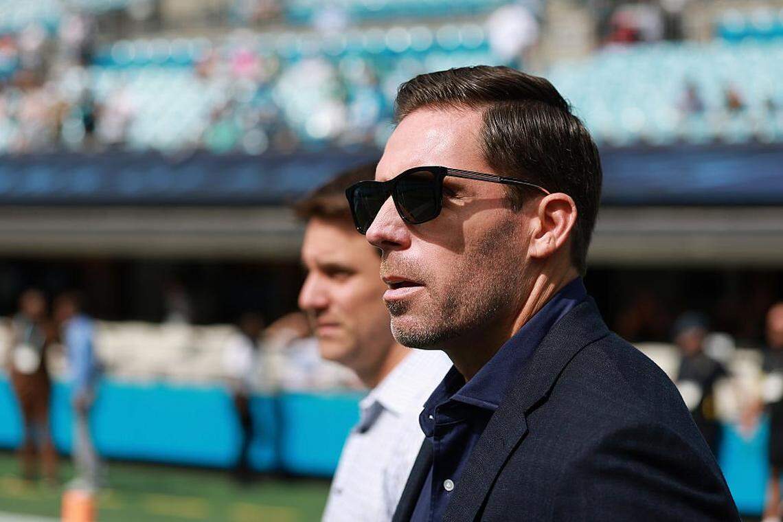 CHARLOTTE, NORTH CAROLINA - OCTOBER 05: General Manager Dan Morgan of the Carolina Panthers looks on prior to the game against the Miami Dolphins at Bank of America Stadium on October 05, 2025 in Charlotte, North Carolina. (Photo by Grant Halverson/Getty Images)