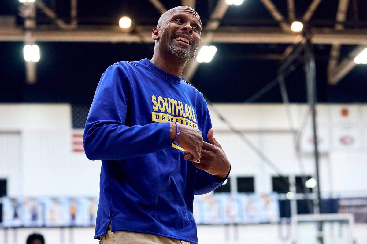SouthLake Christian head coach Rodney Monroe looks for clarification on a call in the first half of the 2025 Charlotte Latin Invitational Finals against Charlotte Catholic.