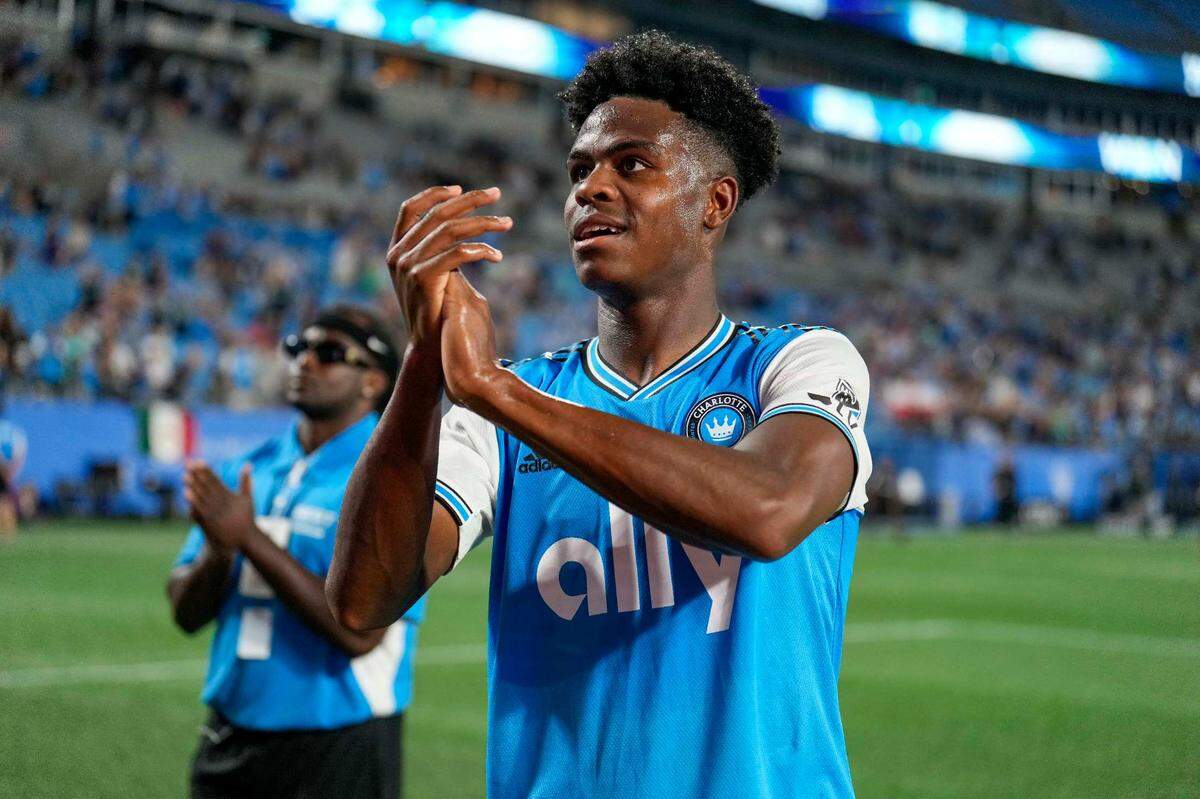 Charlotte FC midfielder Brandon Cambridge (36) greets the fans after his two goals sealed the win over Chicago Fire at Bank of America Stadium.