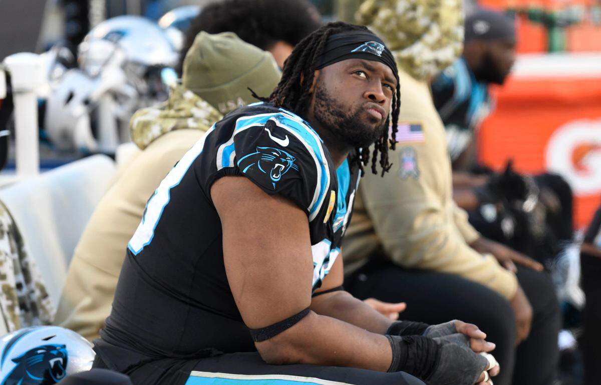 Carolina Panthers defensive tackle Gerald McCoy (93) looks up at the video board during a game in 2019. McCoy becomes a free agent March 18th.