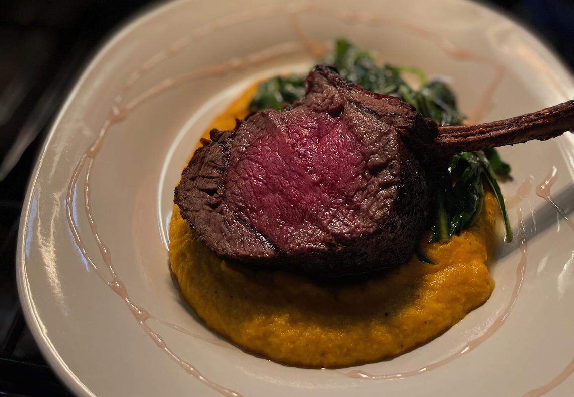 Peppercorn venison with roasted carrot puree and red wine agrodolce.