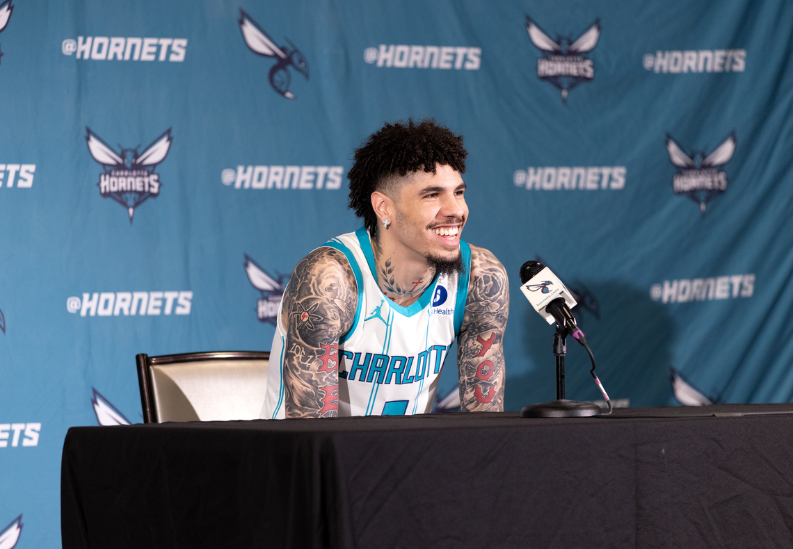Charlotte Hornets point guard LaMelo Ball addresses reporters during NBA Media Day 2025 on Sept. 29.