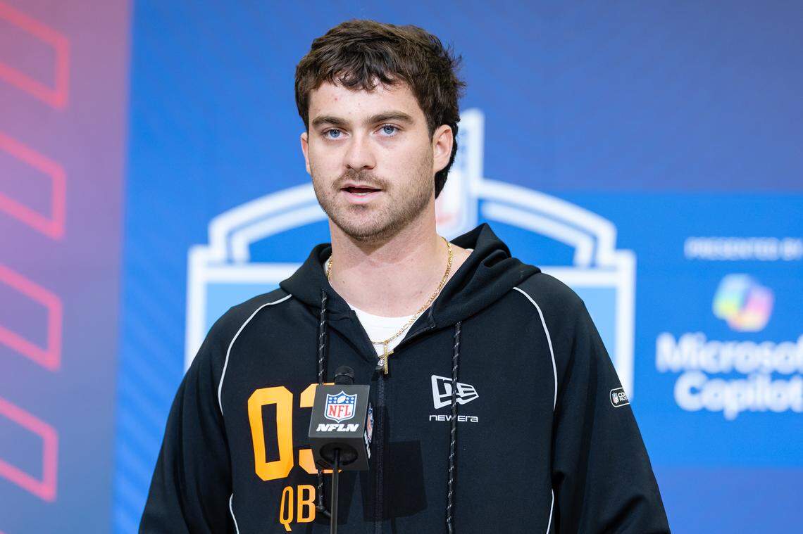 Illinois Fighting Illini quarterback Luke Altmyer speaks to the media during the 2026 NFL Draft Combine at the Indiana Convention Center on Feb. 27, 2026 in Indianapolis, Indiana. (Photo by Michael Hickey/Getty Images)