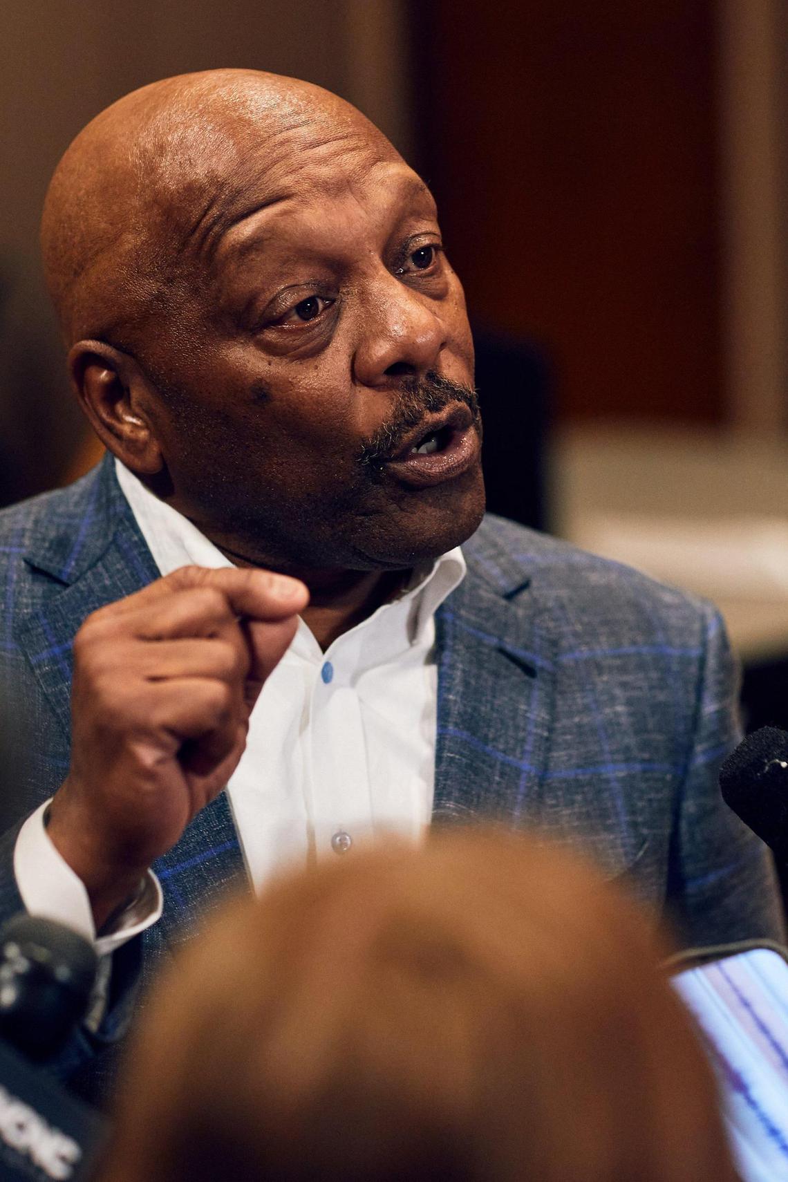 Interim city attorney Anthony Fox addresses the media’s questions.