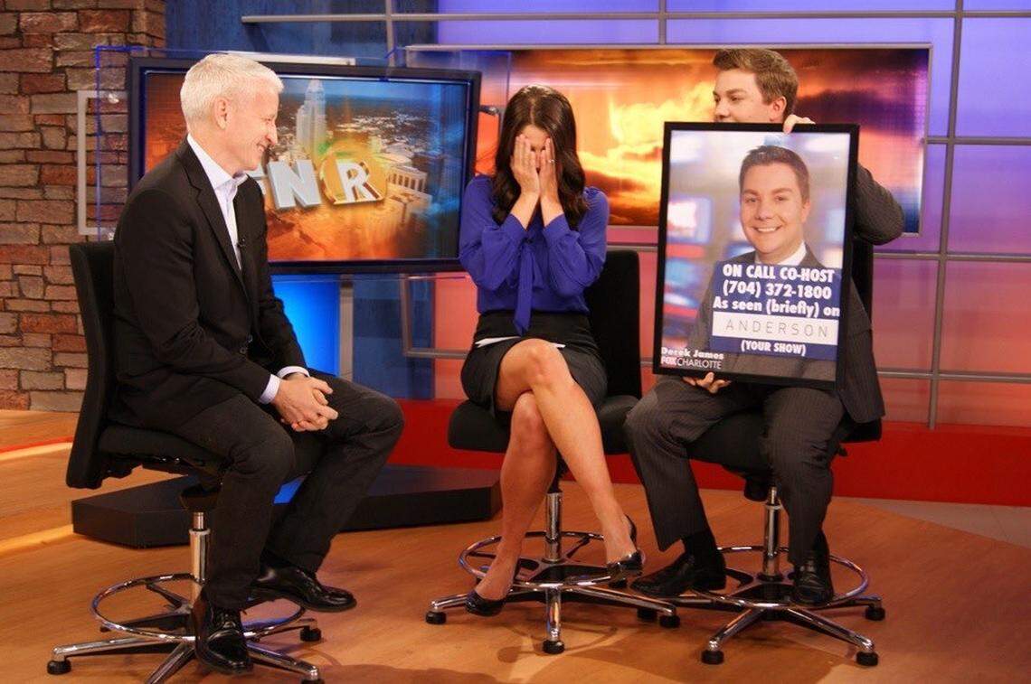Derek James, right, goofs off as co-host Christine Noel hides her face during a 2012 “News Rising” segment that featured CNN’s Anderson Cooper, at left, as an in-studio guest.