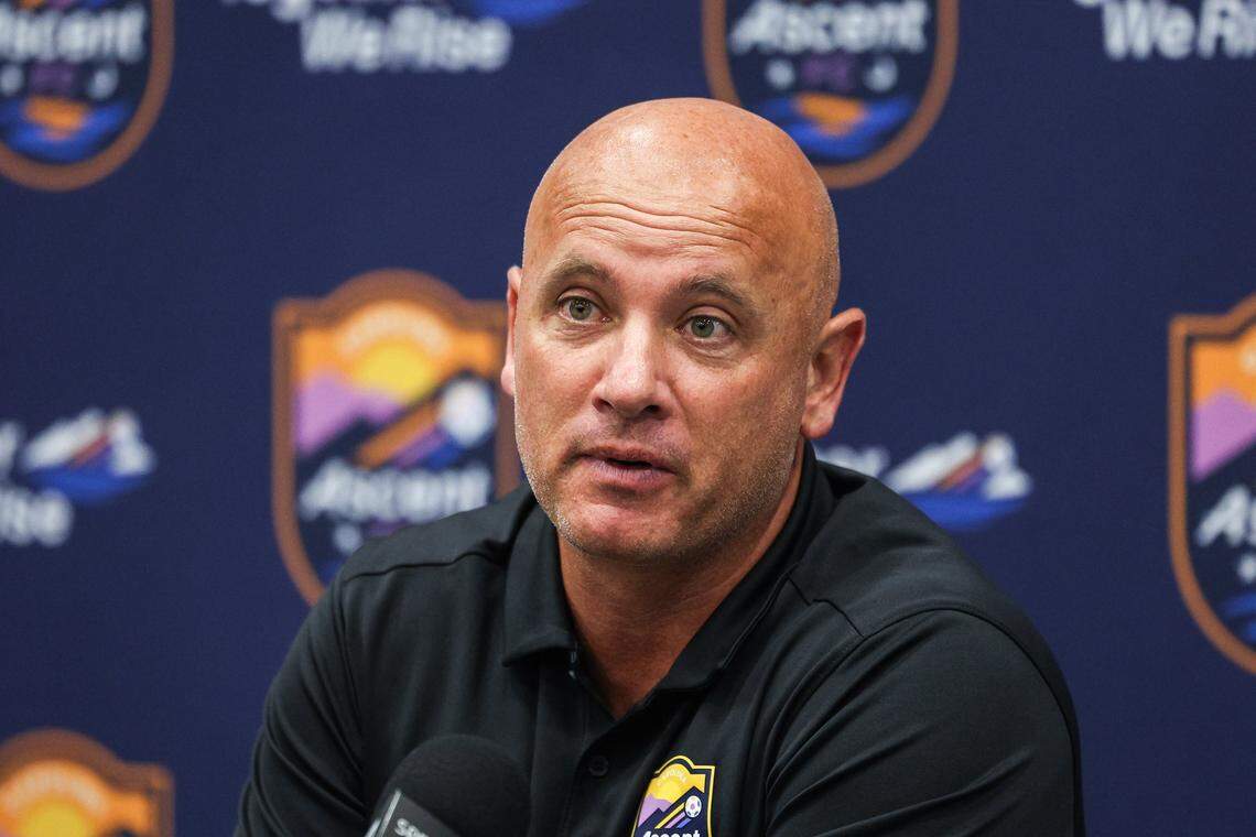 Ascent FC Head Coach Philip Poole answers questions during media day at the Grady Cole Center in Charlotte, NC on Wednesday, August 13, 2025. Carolina Ascent FC is one of the eight initial teams of the USL Super League, a new Division One professional women's soccer league which kicked off its Inaugural Season in August 2024.