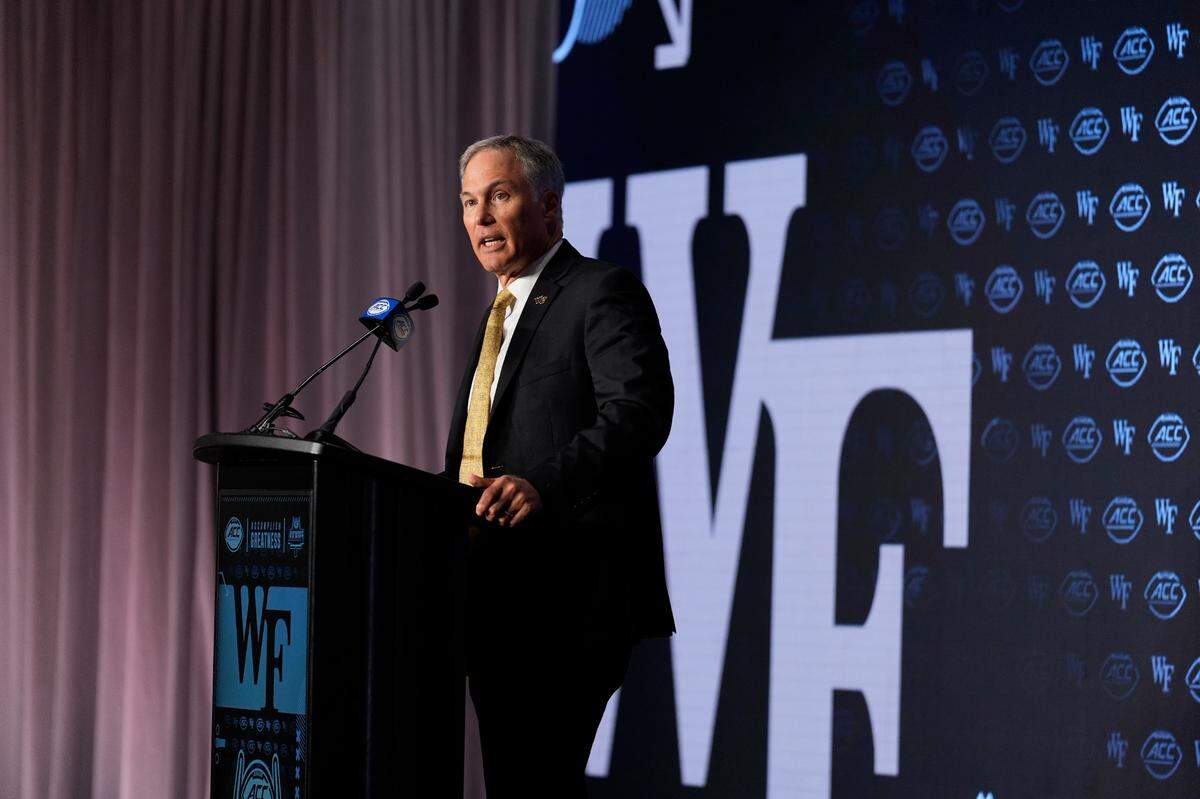 Jul 24, 2024; Charlotte, NC, USA; Wake Forest Demon Deacons head coach Dave Clawson speaks to the media during the ACC Kickoff at Hilton Charlotte Uptown. Mandatory Credit: Jim Dedmon-USA TODAY Sports