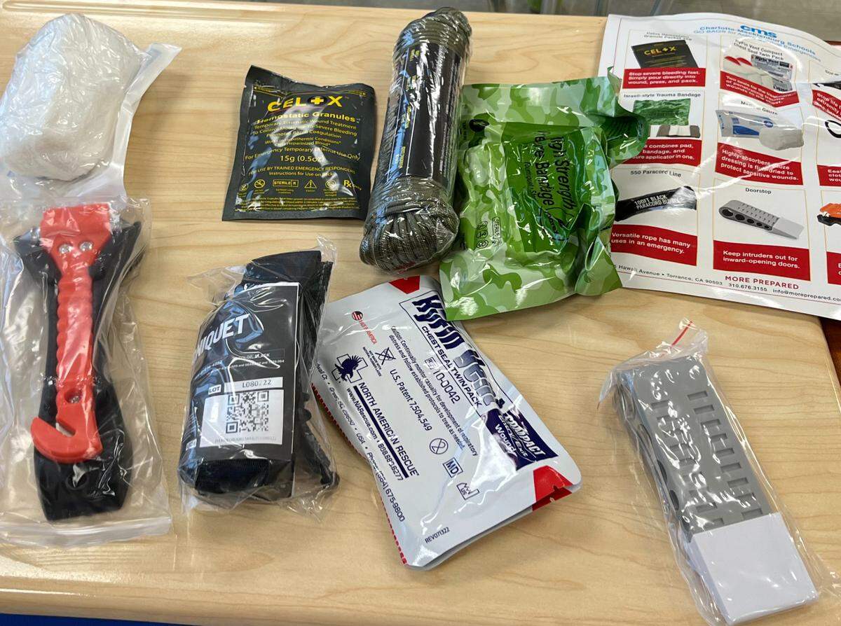 A collection of items inside of Charlotte-Mecklenburg Schools’ new Go Bags, which were handed out to about 11,000 employees.
