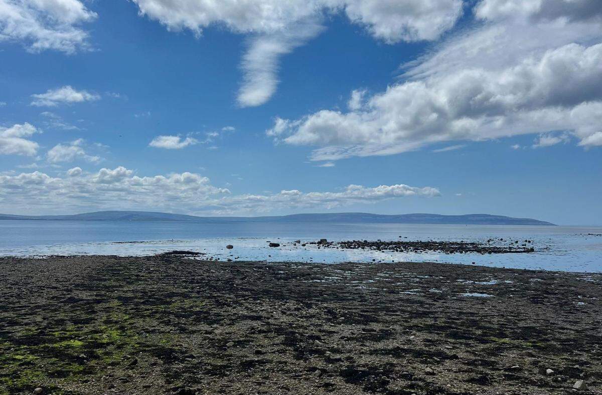 A beautiful landscape view of a calm body of water, possibly a sea or a large lake, under a bright blue sky with large white clouds. The foreground is a rocky, dark shore covered in green algae. The water is still and has a light blue color. A line of mountains or hills is visible in the distance on the horizon.