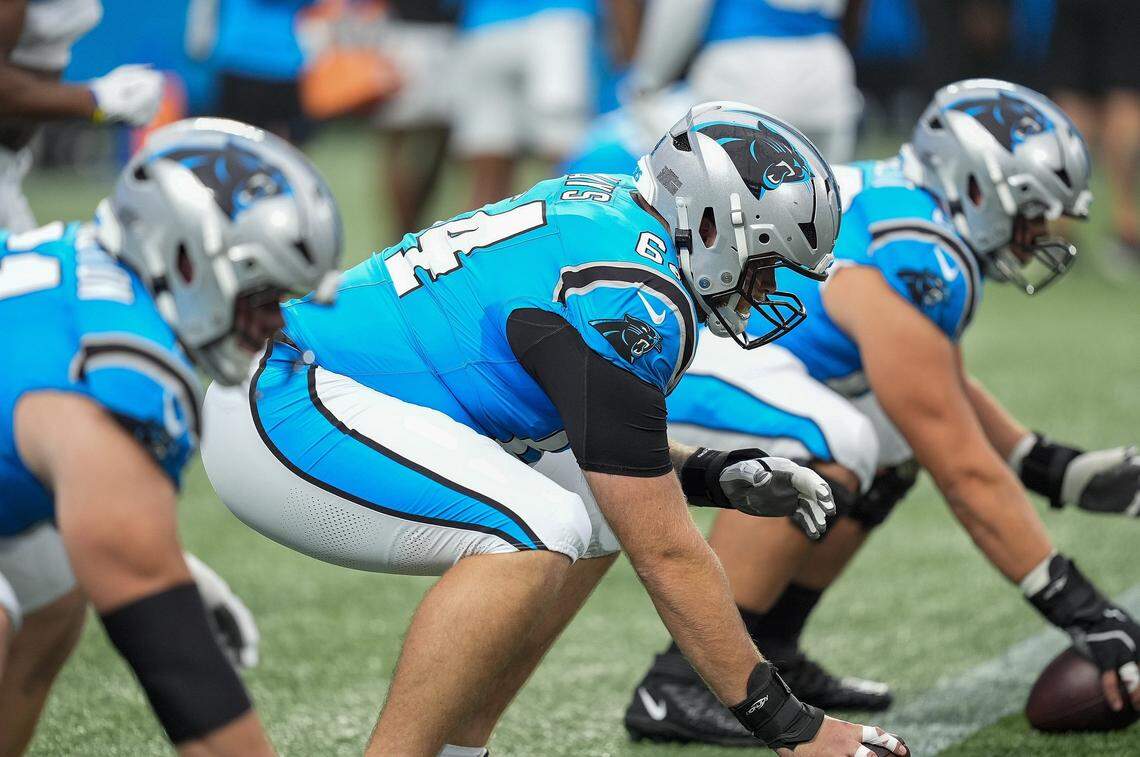 Aug 2, 2025; Charlottle, NC, USA; Carolina Panthers center Cade Mays (64) during Fanfest at Bank of America Stadium. Mandatory Credit: Jim Dedmon-Imagn Images
